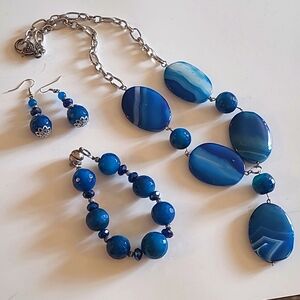 Handmade Blue Agate Matching Set - Collar Necklace, Drop Earrings, and Bracelet